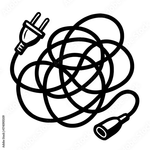 Tangled Electrical Power Cord Vector Illustration with Standard Two-Prong Male Plug and Female Receptacle Socket | Messy Wiring, Disorganized Cable, Essential Household Appliance Connector | Black & W
