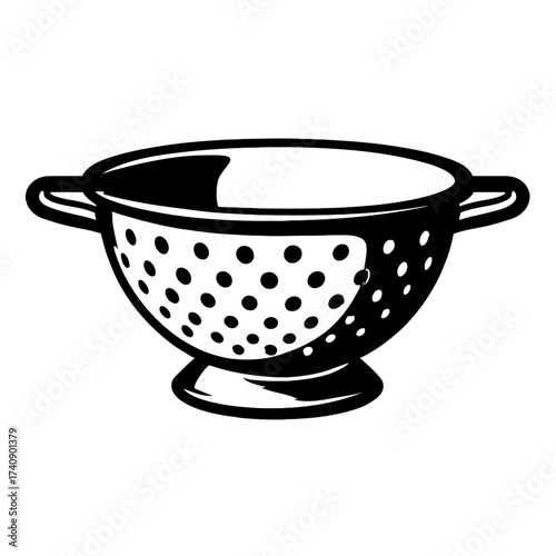 Monochrome kitchen colander and strainer illustration for food preparation, draining pasta, rinsing vegetables, and washing fruits. An essential kitchen tool, perfect for cooking, culinary tasks, and