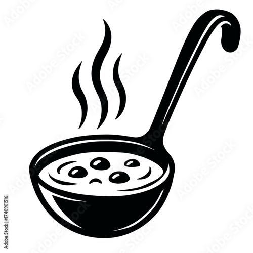 Classic monochrome vector art: kitchen ladle holding steaming hot, flavorful soup with visible ingredients, emanating warmth and comfort. Perfect for culinary branding, restaurant menus, food blogs, k