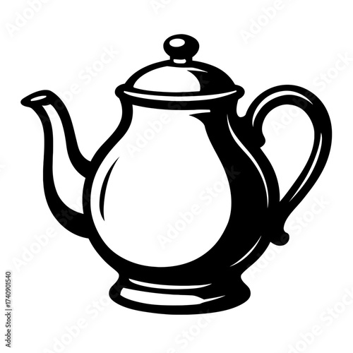 Classic black and white teapot vector illustration, depicting a traditional kitchen beverage serving vessel with a handle, spout, lid, and base, ideal for vintage design, culinary themes, tea house de