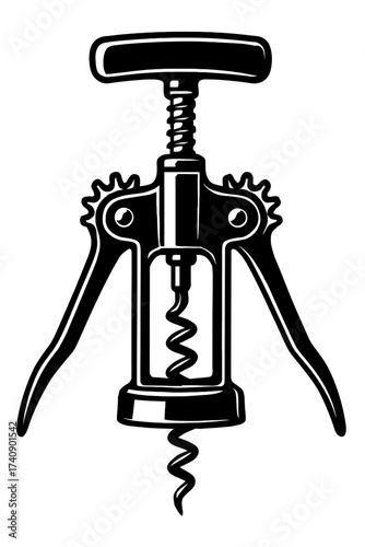 Classic Winged Corkscrew Illustration - Elegant Black & White Vector Art for Wine Bottle Opening. Perfect for Barware, Kitchen Tools, Beverage Accessories, and Vineyard-Themed Designs. Essential for W