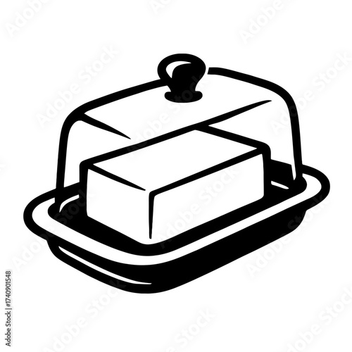A clean, minimalist black and white vector illustration of a classic butter dish with a rectangular block of butter resting on its tray, securely covered by a protective domed lid.