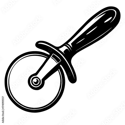 High-quality vector illustration of a classic pizza cutter wheel, essential kitchen utensil for effortlessly slicing perfect pizza, dough, and pastries. Ideal black and white graphic design element fo