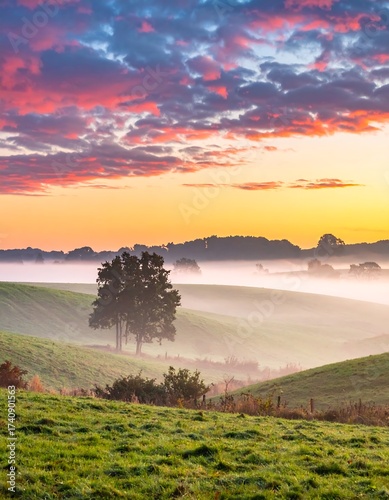 A vibrant sunrise paints the sky above rolling green hills and trees