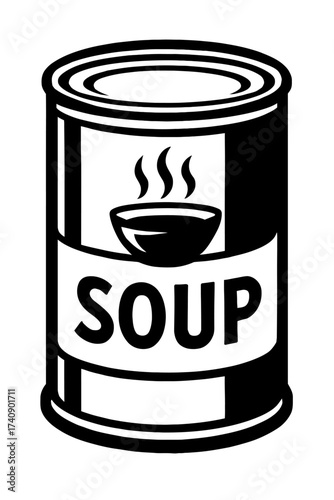 Monochrome vector icon of a generic soup can, labeled "SOUP" with a steaming bowl graphic. This classic pantry staple represents convenience, comfort food, and quick meals. Ideal for web design, culin