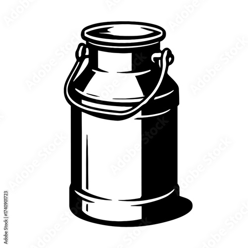 Classic Black & White Milk Can Vector Illustration, a Rustic Dairy Churn Design Perfect for Farmhouse Decor, Vintage Kitchen Themes, and Agricultural Branding. Ideal for Retro Packaging, Rural Lifesty