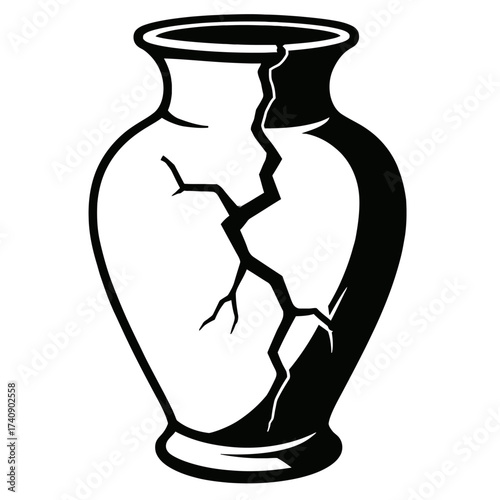 Black and white cracked vase illustration, depicting a broken ceramic pot with clear fracture lines, symbolizing fragility, damage, and the concept of repair and resilience. This graphic art is perfec