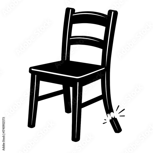 Black silhouette of a wooden chair with a broken back leg, symbolizing furniture damage, instability, and urgent repair needs. This vector graphic depicts malfunction, accidents, and essential mainten