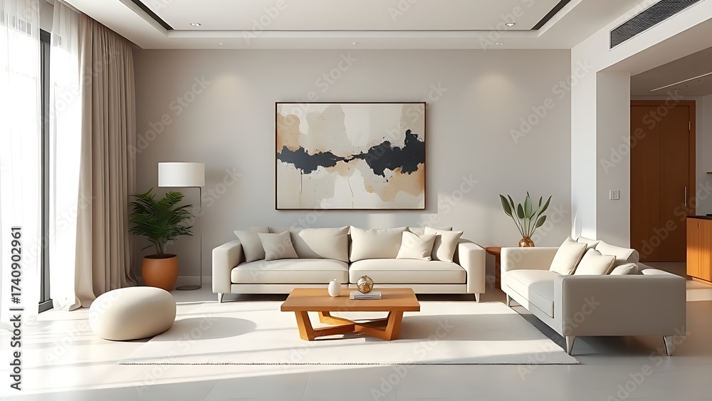 Fototapeta premium A contemporary living room with neutral tones and abstract art, bathed in natural light.
