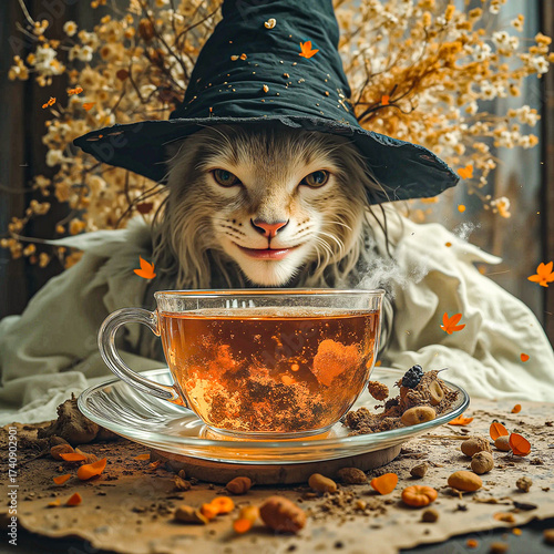 Cat witch with tea cup mystical autumn scene.
Anthropomorphic cat wearing a black witch hat in an autumnal setting.