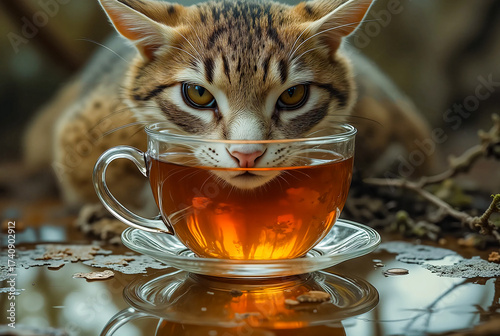 Detailed portrait of a cute cat with its muzzle in a cup of tea.
A cat with a bright striped pattern looks warily straight into the frame, having stopped lapping up his tea.