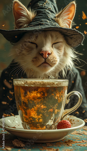 Mysterious cat in front of a cup of tea is a bizarre scene.
A fluffy cat with closed eyes wears a pointed witch hat, creating a whimsical atmosphere. 