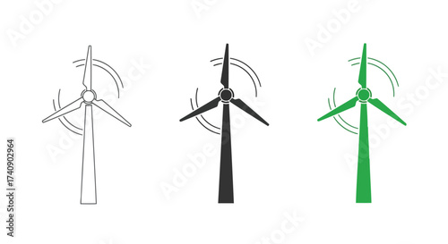 Vector illustration of wind turbine icon set collection of wind turbine symbols in different styles renewable energy source, green energy, and sustainable development concept