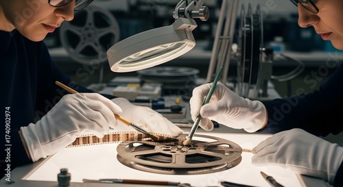 Vintage Film Reel Restoration: Archivists in a Preservation Lab Meticulously Conserving Cinema History

