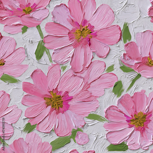 stylized digital artwork featuring pink flowers in a cartoon-like, textured style. It showcases an elegant and artistic representation of flowers
