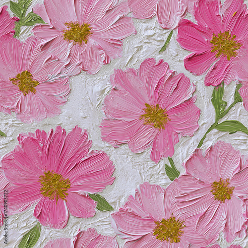 stylized digital artwork featuring pink flowers in a cartoon-like, textured style. It showcases an elegant and artistic representation of flowers