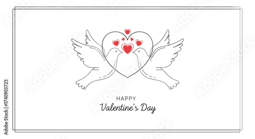 Illustration of a Valentine's Day card featuring doves and hearts on a white background