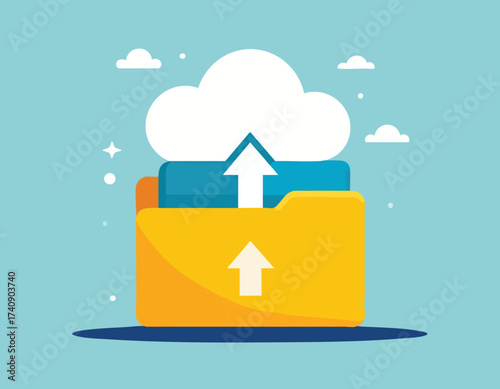 Flat design illustration of uploading files and documents from a folder to online cloud storage for backup and sharing.