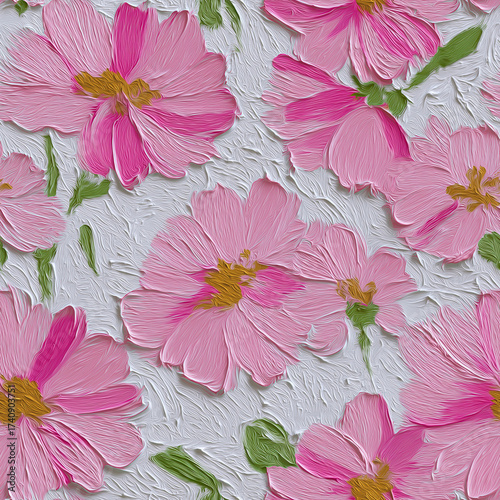 stylized digital artwork featuring pink flowers in a cartoon-like, textured style. It showcases an elegant and artistic representation of flowers