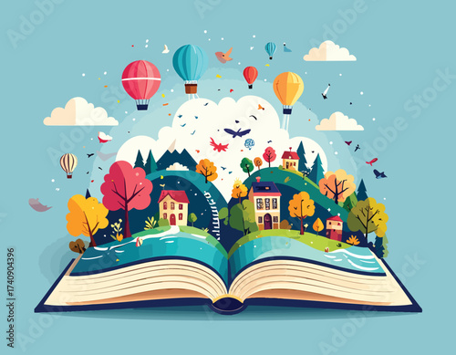 Imaginative AI-powered design elements create a minimalist world bursting with life, stories, and colorful hot air balloons rising from an open book