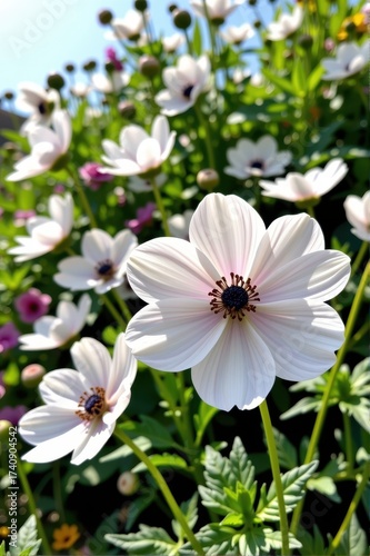 Delicate white anemone flowers in full bloom during a vibrant summer day. Petals unfurl against a backdrop of lush green foliage, nature photography, foliage