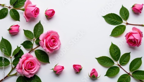 Delicate pink rose blossoms and lush green leaves arranged on a pristine white background, beauty, elegance, background