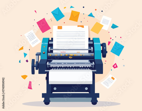 AI Powered Design Elements Minimalist Office Printer Printing Documents with Envelopes and Colorful Paper