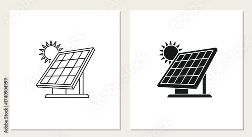 Vector illustration of illustration of a solar panel with the sun shining behind it, representing renewable energy