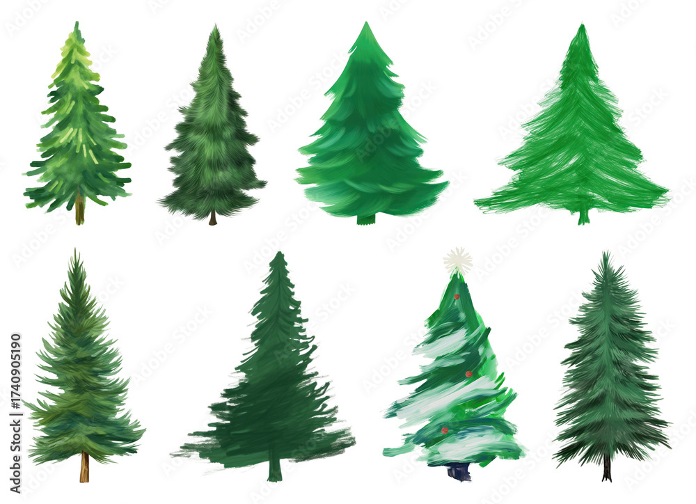 Obraz premium PNG Vibrant illustrated evergreen trees, element set on transparent background