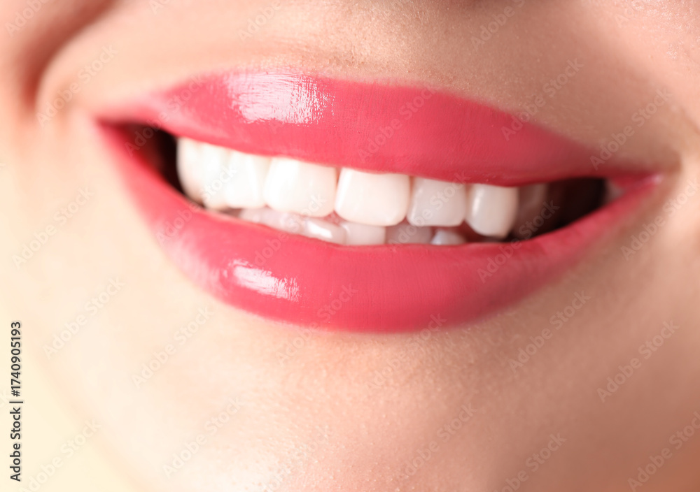 Obraz premium Woman with beautiful lipstick on her lips, macro view