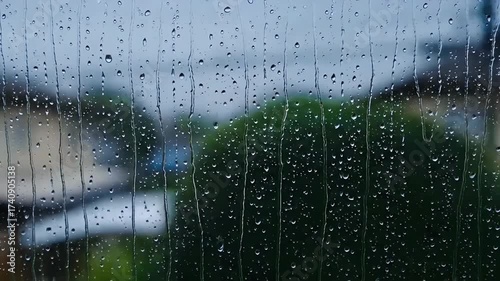 Rainy day view through a window with water droplets.