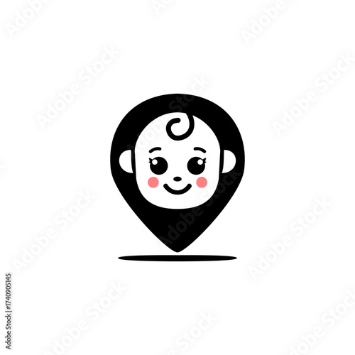 Cute baby face logo inside a location pin icon with smiling expression, rosy cheeks, and simple cartoon style