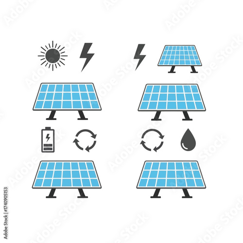 Vector illustration of set of solar panel icons with symbols representing renewable energy
