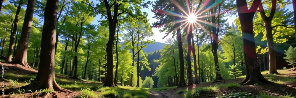 Naklejka premium Sun-drenched summer forest panorama, vibrant green canopy, dappled sunlight on forest floor, wild, leaves, overgrown