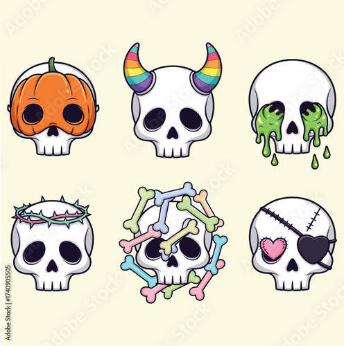 A collection of six unique and artistic skull illustrations with various creative designs and themes each isolated on white background