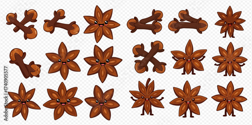 Cartoon illustration of star anise and cloves with cute faces.