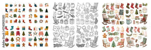 Christmas vector icon pack of gifts, stockings, ornaments, mugs, and decorations in colorful flat and outline styles for festive winter illustration design.