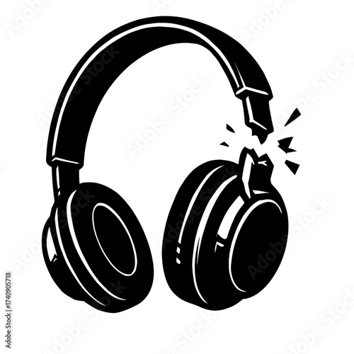 Striking vector illustration depicting a pair of classic over-ear headphones, rendered in a bold black silhouette against a pristine white background. The image dramatically showcases a severe break a