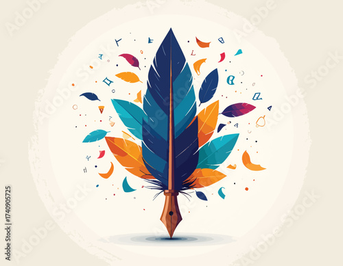 Colorful quill pen illustration showcasing ai powered design elements minimalist concept for creative writing and art
