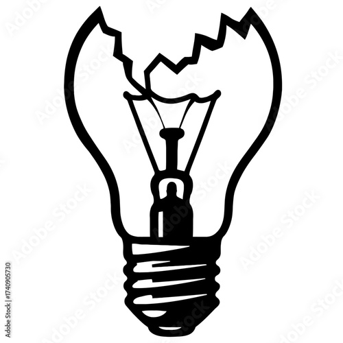 Black and white outline of a broken incandescent light bulb with a shattered top. This vector illustration symbolizes failed ideas, creative blocks, technological obsolescence, malfunction, urgent nee