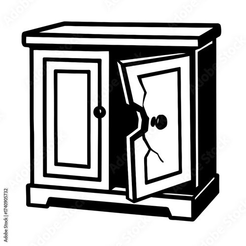 Black and white vector illustration of a damaged wooden cabinet with one door closed and the other cracked and partially open, symbolizing broken furniture, repair needs, or wear and tear in home deco