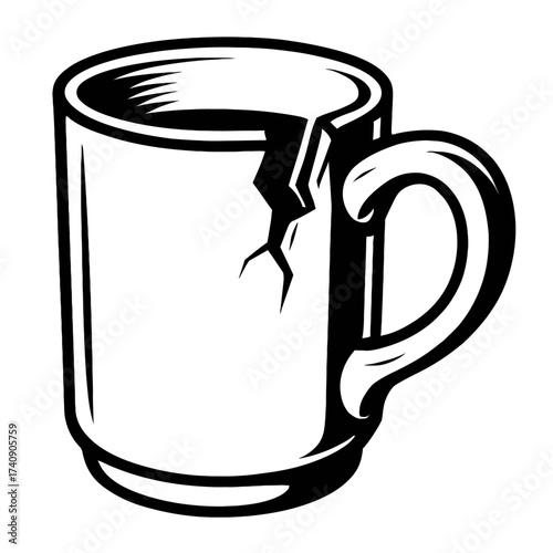 Vector art of a cracked coffee mug. Black and white illustration shows a ceramic cup with a visible crack near the handle, symbolizing fragility and damage. This distressed graphic has a vintage, worn