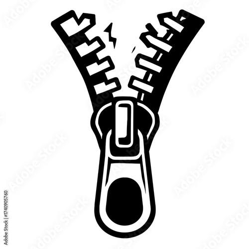 Black and white vector icon of an unzipped zipper, showing the slider and separated teeth. Ideal for fashion, apparel, opening, closing, fastening, clothing, textile, graphic design elements, includin