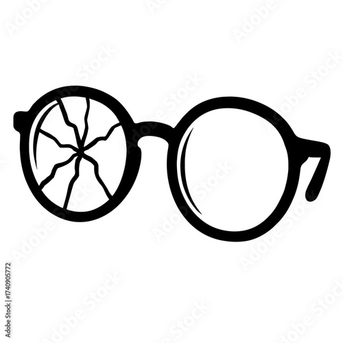 Black silhouette vector illustration of classic round-rimmed spectacles featuring one lens completely shattered with intricate crack patterns radiating from the center, contrasted by a perfectly clear