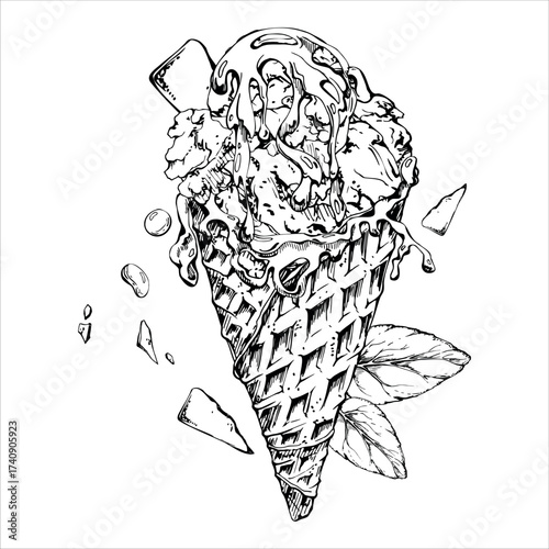 Gelato ice cream served in cone with mint leaves, chocolate dragee chips and melted syrup. graphic illustration hand drawn in vector ink. Healthy dessert branding, food-themed art, packaging decor