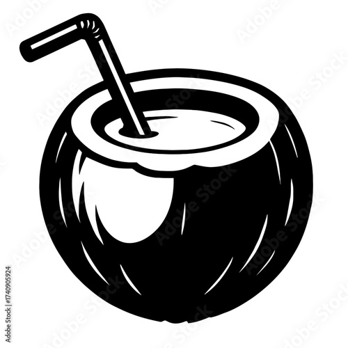Monochrome vector art of a tropical coconut drink with a straw, perfect for summer refreshment, beach vacation themes, island life, healthy beverage branding, and exotic logos. Captures natural hydrat