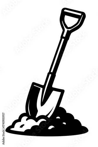 Black and white vector illustration of a D-handle shovel digging into a pile of soil. Symbolizing gardening, construction, landscaping, manual labor, earthwork, cultivation, groundwork. Perfect icon f