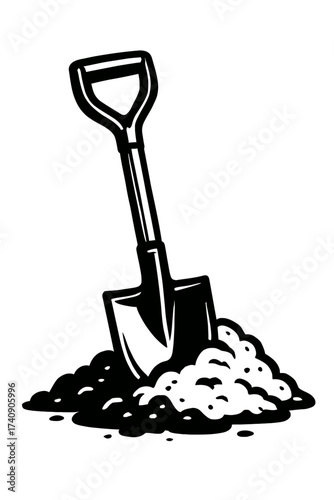 Classic Black and White Illustration of a Garden Shovel Digging into a Pile of Freshly Excavated Soil, Ideal for Landscaping, Gardening, Construction, and Outdoor Work Concepts, Isolated Vector Artwor