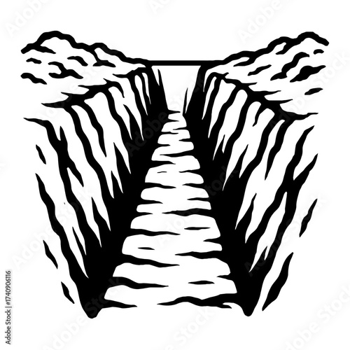 Stylized black and white illustration of a narrow canyon or gorge with a textured path or flowing river leading towards a distant light or waterfall, showcasing depth and natural beauty in a graphic a