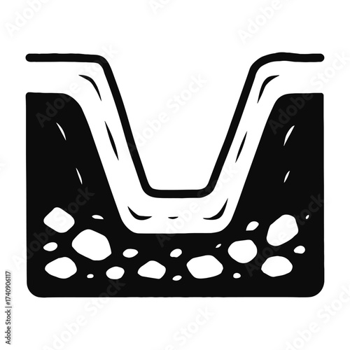 V-shaped trench cross-section illustration, black and white vector icon for drainage and irrigation channels, showing ground excavation with soil and rocks, ideal for civil engineering designs and edu